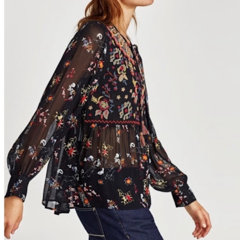 Zara Boho Embroidered Sheer Long Balloon Sleeve Bohemian Blouse Top Size Small